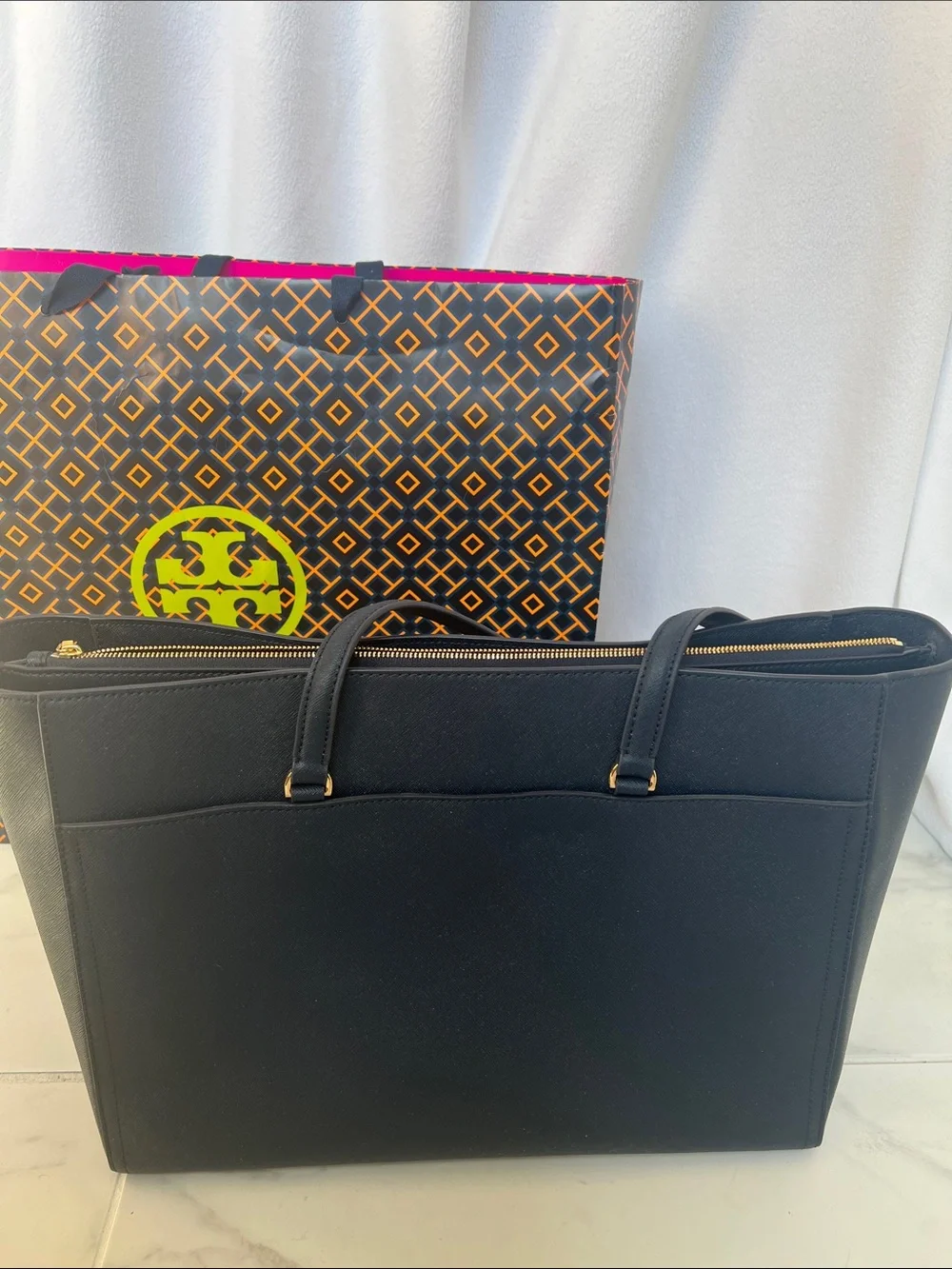 NEW Tory Burch York Buckle Tote in Navy Saffiano Leather